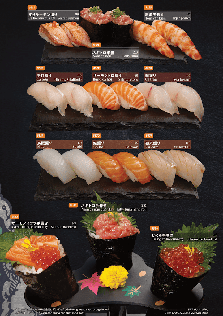 Menu của Sushi Kuan được thiết kế đa dạng m&oacute;n ăn